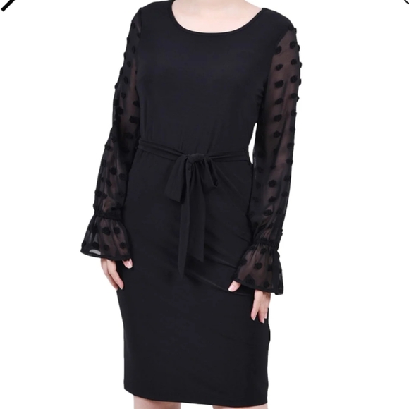 NY Collection Plus Size Long Chiffon-Sleeve Knit Dress in Black - Picture 2 of 9